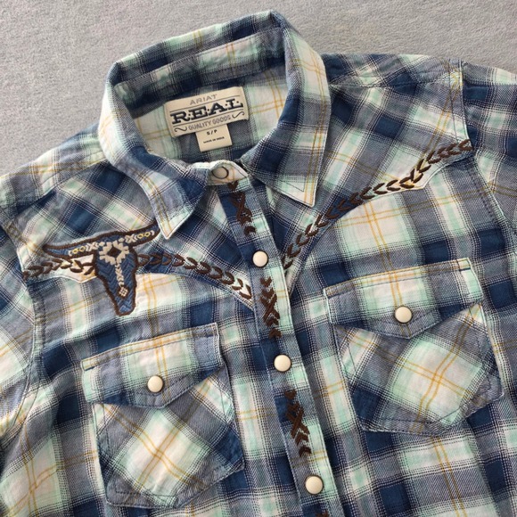 Ariat Tops - Ariat REAL Womens Blue Plaid Embroidered Longhorn Skull Western Snap Shirt Small